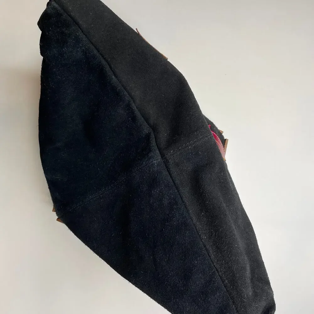 Vintage Black Suede Floral Leather Wood Handle Large Clutch Purse XC
